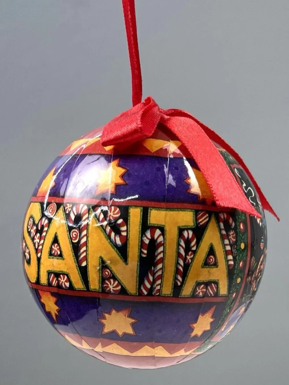 VTG MARY ENGELBREIT Papier-mache CHRISTMAS ORNAMENT Ball Santa Claus Ribbon 3